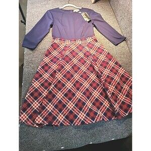 NWT NEW MISSMAY Retro Navy Blue & Plaid 3/4 Sleeve A Line Dress Womens Small